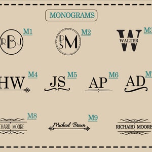 May include: A chart with 10 different monogram designs. The designs are labeled M1 through M10. The monograms are in black and white and feature different styles, including circles, script, and block letters.