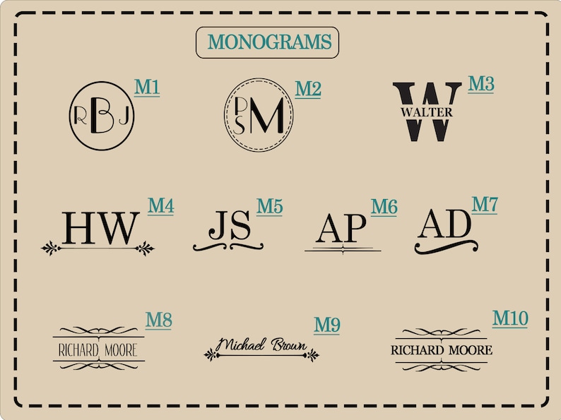 May include: A chart with 10 different monogram designs. The designs are labeled M1 through M10. The monograms are in black and white and feature different styles, including circles, script, and block letters.