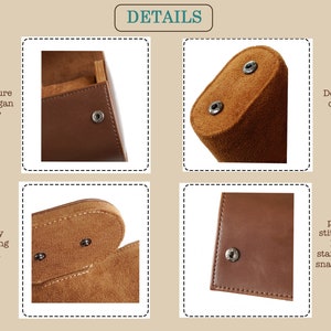 May include: Close-up details of a brown leather watch case with a soft brown suede interior. The case features a snap closure and detachable cushions. The text "DETAILS" is visible at the top of the image.