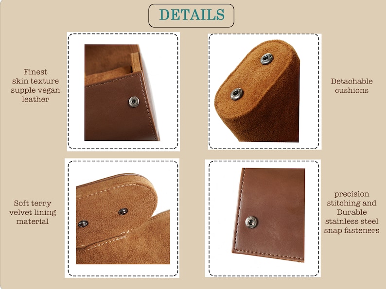 May include: Close-up details of a brown leather watch case with a soft brown suede interior. The case features a snap closure and detachable cushions. The text "DETAILS" is visible at the top of the image.