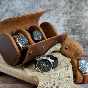 Gift For Him, Valentine&#39;s Day Gift, Personalized Leather Watch Case, Groom Gift, Brown Travel Watch Box, Leather Watch Case Roll