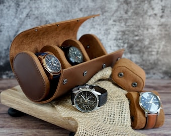Gift For Him, Valentine's Day Gift, Personalized Leather Watch Case, Groom Gift, Brown Travel Watch Box, Leather Watch Case Roll