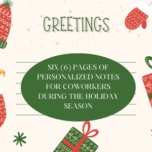 Può includere: Un ovale verde con il testo "SEI (6) PAGINE DI NOTE PERSONALIZZATE PER I COLLEGI DURANTE LE FESTE" su uno sfondo bianco con illustrazioni natalizie rosse e verdi.