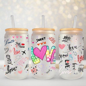 Sweet Love 16Oz uv dtf glass can wrap Ready to Apply, 16oz glass can, uv dtf transfer, beer can glass, 16oz libbey glass, uv dtf wrap