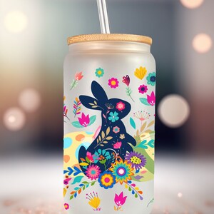 Diseño PNG de conejito de Pascua floral para lata de vidrio de 16 oz (descarga digital)