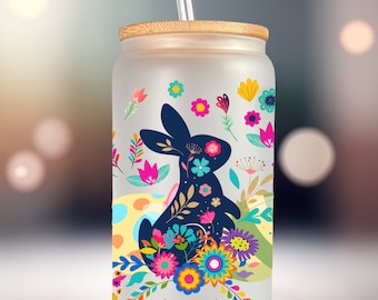 Bloemen paashaas 16 oz glasblikverpakking PNG – bekerontwerp (digitale download)