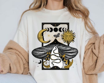 Pilz Shirt, mystischer Mond und Sonne Shirt, himmlischer Mond Shirt, Boho Shirt, mystische Mondphase Shirt, magischer Pilz Druck, Grafik T-Shirt