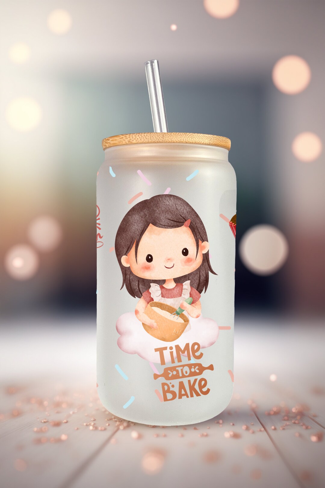 Time to Bake 16 Oz Libbey Glass PNG, Libbey Can Wrap Sublimation PNG
