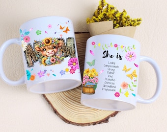 Highland Cow Mom Mug: Floral Mother's Day Gift (PNG)
