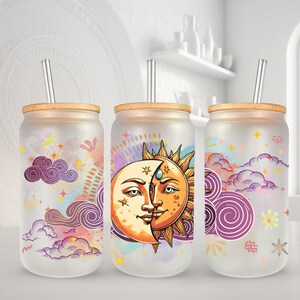 Celestial Harmony: Sun and Moon Glass Wrap, 16 Oz Libbey Glass PNG, astrology, celestial, libbey glass wrap, Tumbler Design Sun and Moon