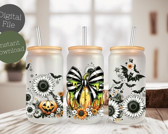 Colorful Coquette halloween pumpkin png, halloween design 16oz Glass Can Wrap, uv dtf Wrap Design, fall tumbler wraps, spooky season