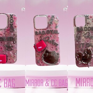 May include: Three pink phone cases with decorative embellishments. The cases feature text, including "SPOILED", "BAD GYAL", and "BADDIE Queen IT GIRL". Each case has a different design, including a small purse and a Hello Kitty design.