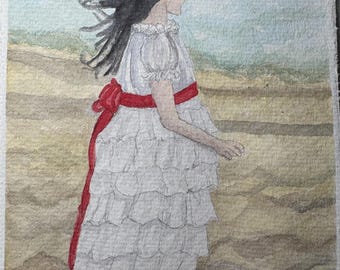 Beach Girl Watercolor Painting - Girl in White Dress