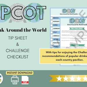 Op de afbeelding: Een printbare checklist en gids voor de "Drink Around the World"-uitdaging in EPCOT, een pretpark in Walt Disney World. De checklist bevat een lijst met landen die in het park worden vertegenwoordigd, met vinkjes voor elk land. De gids bevat tips om van de uitdaging te genieten en aanbevelingen voor populaire drankjes om te proberen in elke landpaviljoen.
