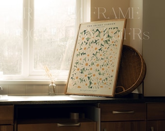 DIN 50x70 Wooden Frame Mockup | Kitchen Glass Reflection (PSD)