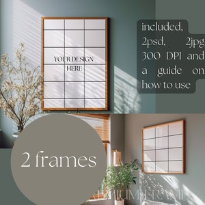 May include: Two brown wood framed mockups with white grid lines on a green wall. The frames are empty and ready for your design. The text "YOUR DESIGN HERE" is in the top frame. The text "2 frames" is in a circle in the bottom left corner of the image. The text "included, 2psd, 2jpg 300 DPI and a guide on how to use" is in the top right corner of the image.
