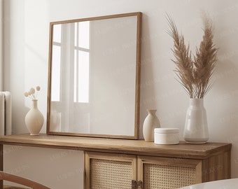 Square wood frame mockup | psd frame mockup ratio 1:1 | digital frame mockup for digital print| thin square frame for photoshop and Photopea