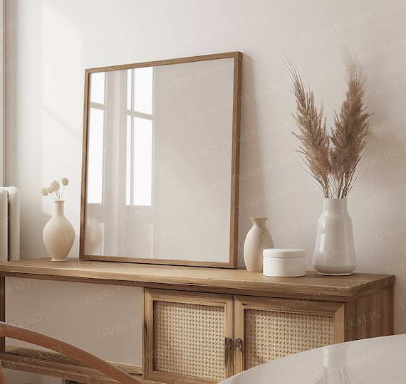 Square wood frame mockup | psd frame mockup ratio 1:1 | digital frame mockup for digital print| thin square frame for photoshop and Photopea