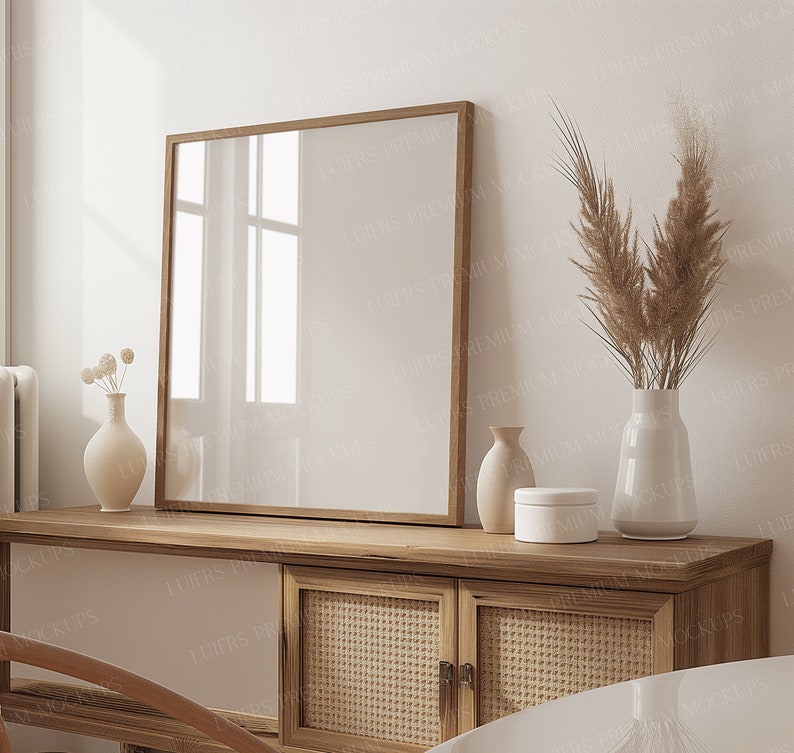 May include: A square wooden picture frame rests against a white wall, above a light wood cabinet with woven cane doors and white panels. Decorative vases and a small round box are on the cabinet. A vase holds dried pampas grass.