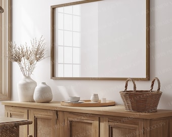 Horizontal  wood Frame mockup DIN A0, Landscape Minimal frame mockup, Scandinavian frame mockup for digital prints and wall art.
