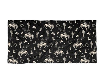 Boho Western Beach Towel: Cactus, Cowboy, Bucking Horse Pattern