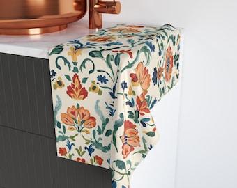 Vintage Floral Pattern Hand Towel | Orange Blue Green Botanical Design