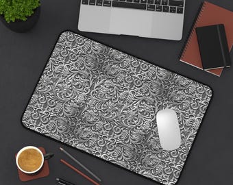 Victorian Scrollwork Pattern Desk Mat | Ornate Floral Gray Mousepad