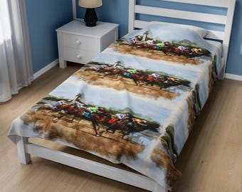 Horse Racing Scene Velveteen Blanket, Equestrian Home Decor