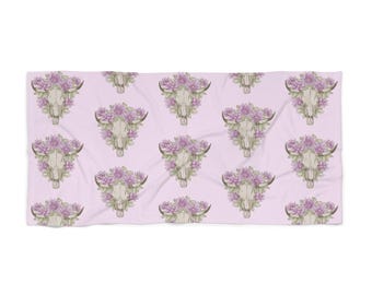 Cowgirl Steer Skull Beach Towel, Floral Bones Western Vintage Desert Towel