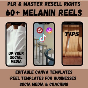 May include: A digital marketing product featuring 60+ editable Canva templates for social media reels. The image shows three phone screens with different reel designs, including one with the text "Up Your Social Media", one with the TikTok logo, and one with the word "Tips".