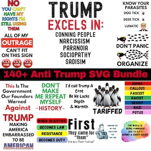 Op de afbeelding: Een kleurrijke digitale collage met het woord "TRUMP" in grote rode letters. De collage bevat tekst over Trumps persoonlijkheidskenmerken, zoals "conning people", "narcissism" en "sociopathy". De collage bevat ook afbeeldingen van een teek, een hertteek en een pinguïn.