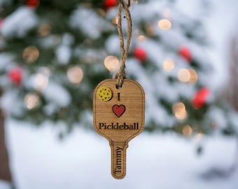 Pickleball Ornament "I Love Pickleball" - Engraved Pickleball Personalized Gift - Wooden Christmas Ornament