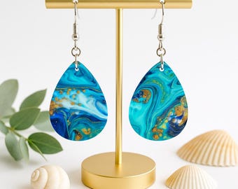 Marbled Ocean Blue & Gold Teardrop Earrings | 1/8" Acrylic Ocean Jewelry | Lightweight Coastal Dangle Earrings