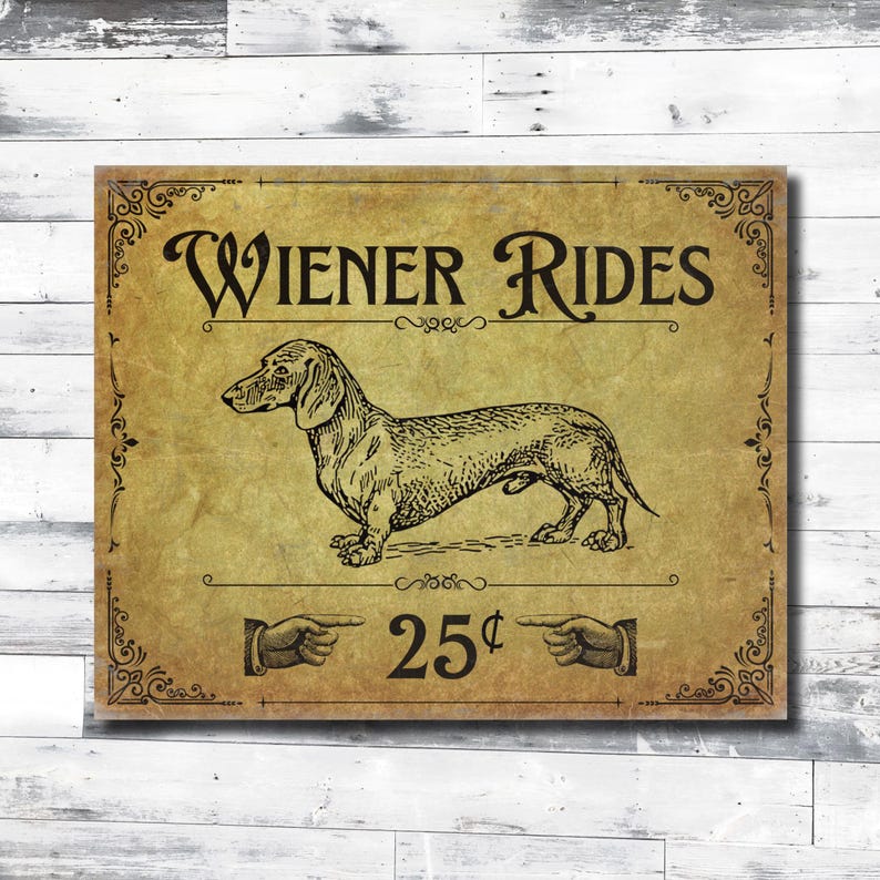 A funny metal decor sign on a white and gray wooden wall.