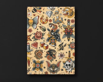 Traditional Tattoo Flash Canvas Art | Old School Tattoo Wall Art | Vintage Americana Tattoo Decor | Bold Tattoo Studio Home Art