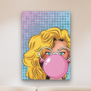 Impression sur toile pop art fille bubble-gum rétro colorée - cadeau déco tendance culture pop - déco fille rose unique - cadeau art fantaisiste moderne