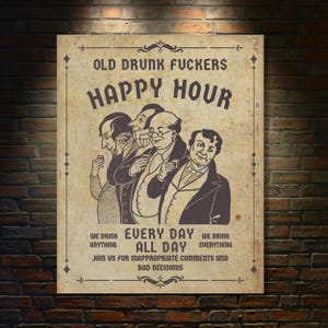 Vintage Happy Hour Metal Wall Art Sign - Funny Man Cave Decor - Old Drunk Fuckers Club - Inappropriate Drinking Humor - Bar Essentials Gift
