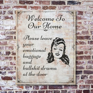 Funny Vintage Style Metal Wall Art Sign - Welcome To Our Home, Please Leave Drama At The Door - Unique Quirky Wall Hanging Gift- Adult Humor
