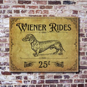 A funny metal decor sign on a white and red brick wall.