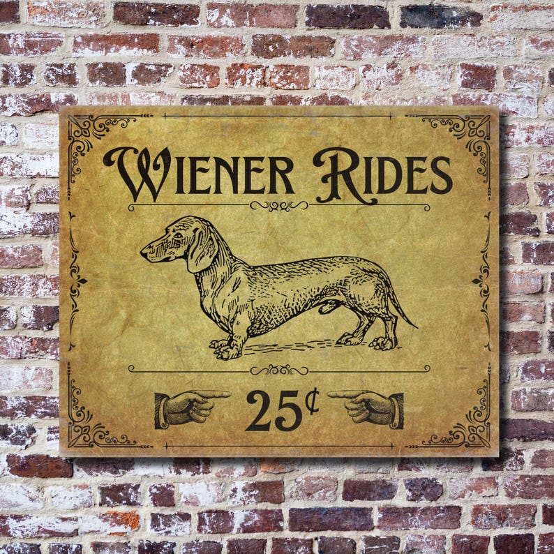 A funny metal decor sign on a white and red brick wall.