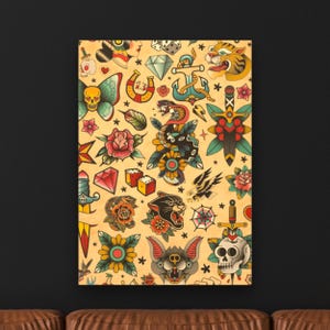 Traditional Tattoo Flash Print On Canvas - Vintage American Tattoo Studio Decor - OldSchool Tattoo Style Wall Art - Unique Tattoo Lover Gift