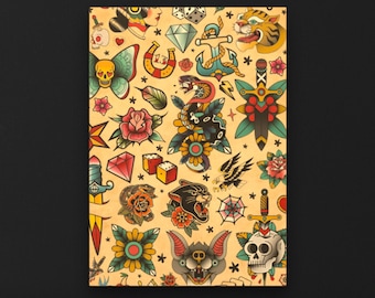 Traditional Tattoo Flash Print On Canvas - Vintage American Tattoo Studio Decor - OldSchool Tattoo Style Wall Art - Unique Tattoo Lover Gift