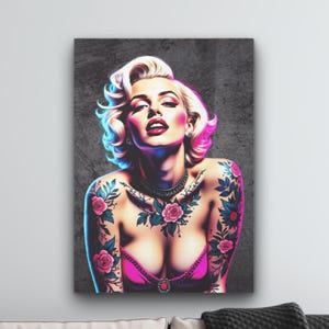 Marilyn Monroe Retro Pin up Canvas - Tattooed Neon Style Painting - Pop Art Wall Decor - Urban Pop Culture Wall Art Gift - Trendy Artwork