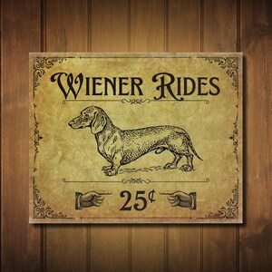 A funny metal decor sign on a wood panel wall.
