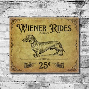 A funny metal decor sign on a white and gray brick wall.