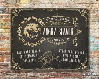 Vintage Style Angry Beaver Bar Sign - Unique Adult Humor Art for Man Cave - Quirky Mancave Gift - Inappropriate Decor Gift - Sex Theme Sign
