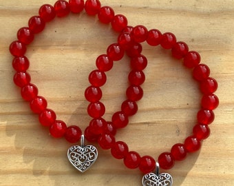 Handmade heart jewelry silver charm bracelet red glass beads love gift for girlfriend gift for wife anniversary present love gift
