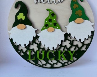 14-inch round wooden door hanger. Gnome, Hello Lucky.