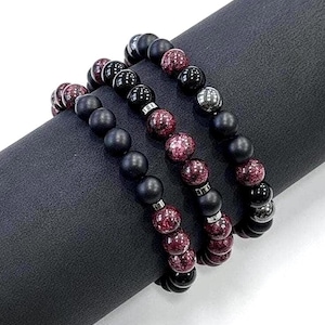 Maroon Jade Bracelets, Black Onyx & Hematite Gemstones, Unisex Bohemian Jewelry