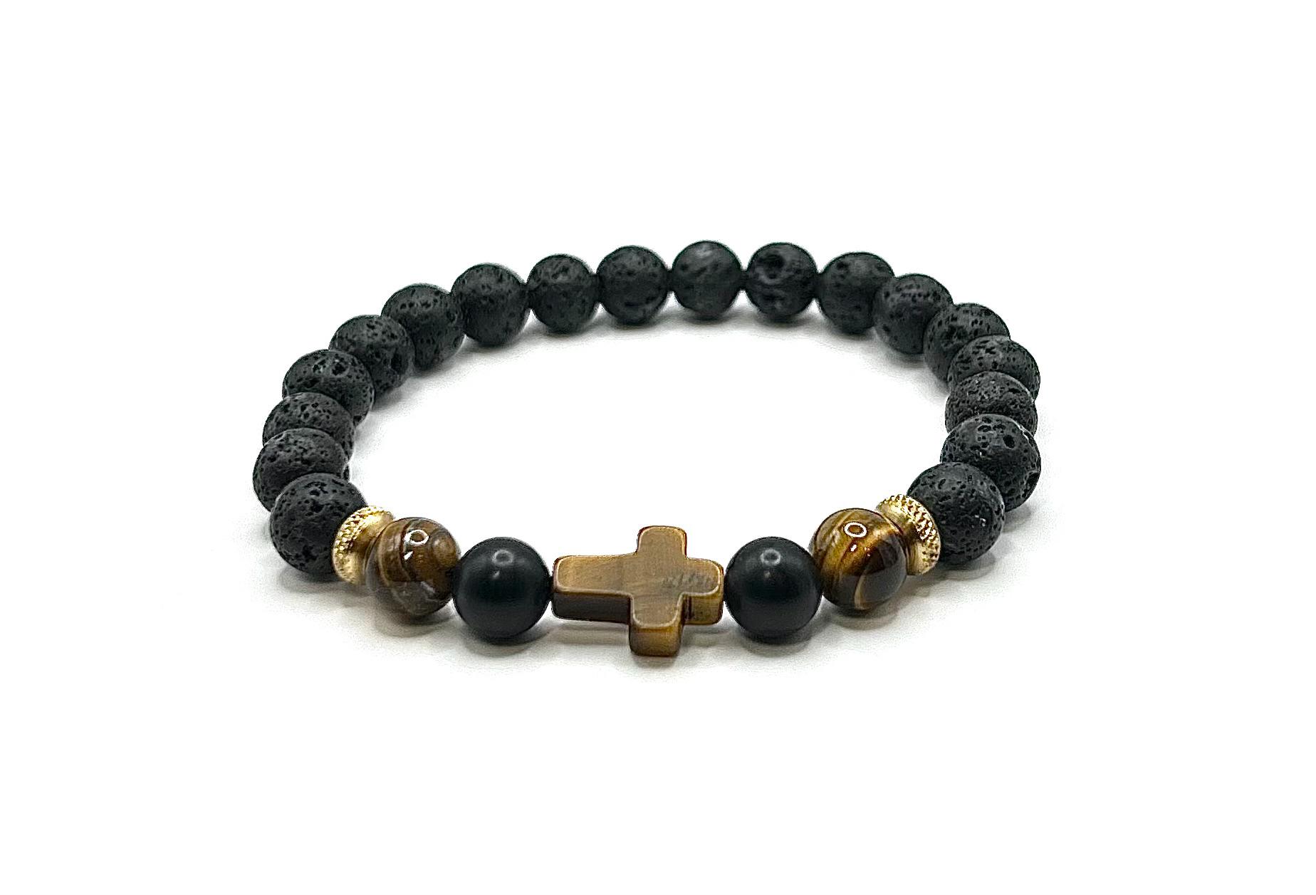 Tiger Eye Cross Bracelet, Matte Onyx Gemstone Beads, Black